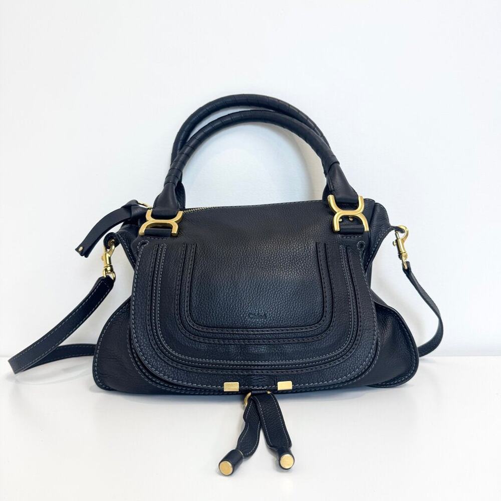 CHLOE Black Grained Calfskin Marcie Small Double Carry Shoulder Bag Gold